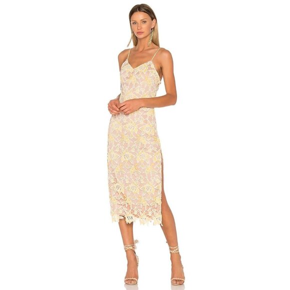 NBD Dresses & Skirts - NBD Donna Sunshine Yellow Floral Broderie Anglaise Lace Midi Slip Dress, Size S